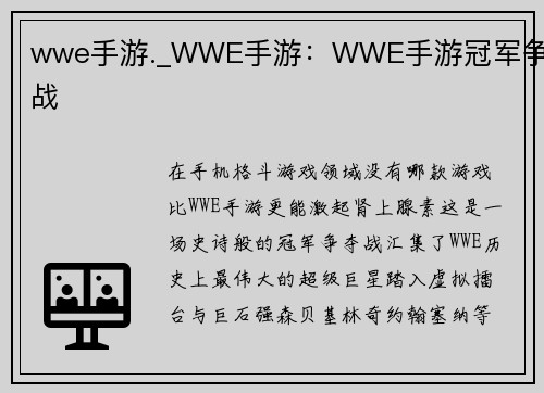 wwe手游._WWE手游：WWE手游冠军争夺战