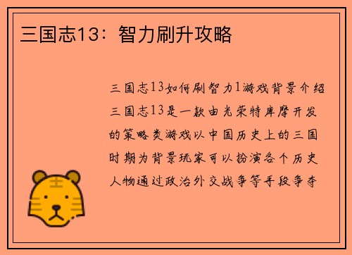 三国志13：智力刷升攻略